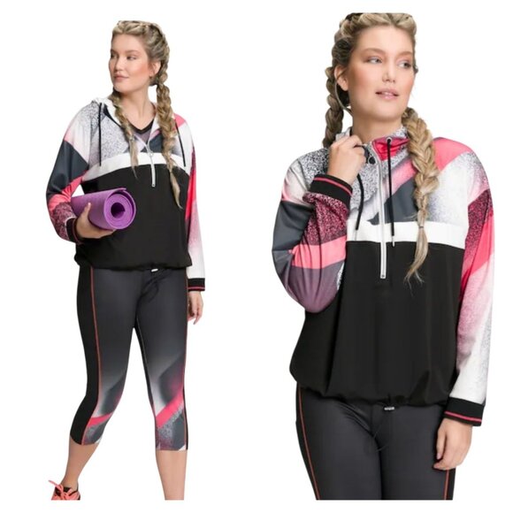 Ulla Popken Sz 16/18 Hoodie Partial Zipper Graphic Pattern Black Red White NWOT - Picture 3 of 5